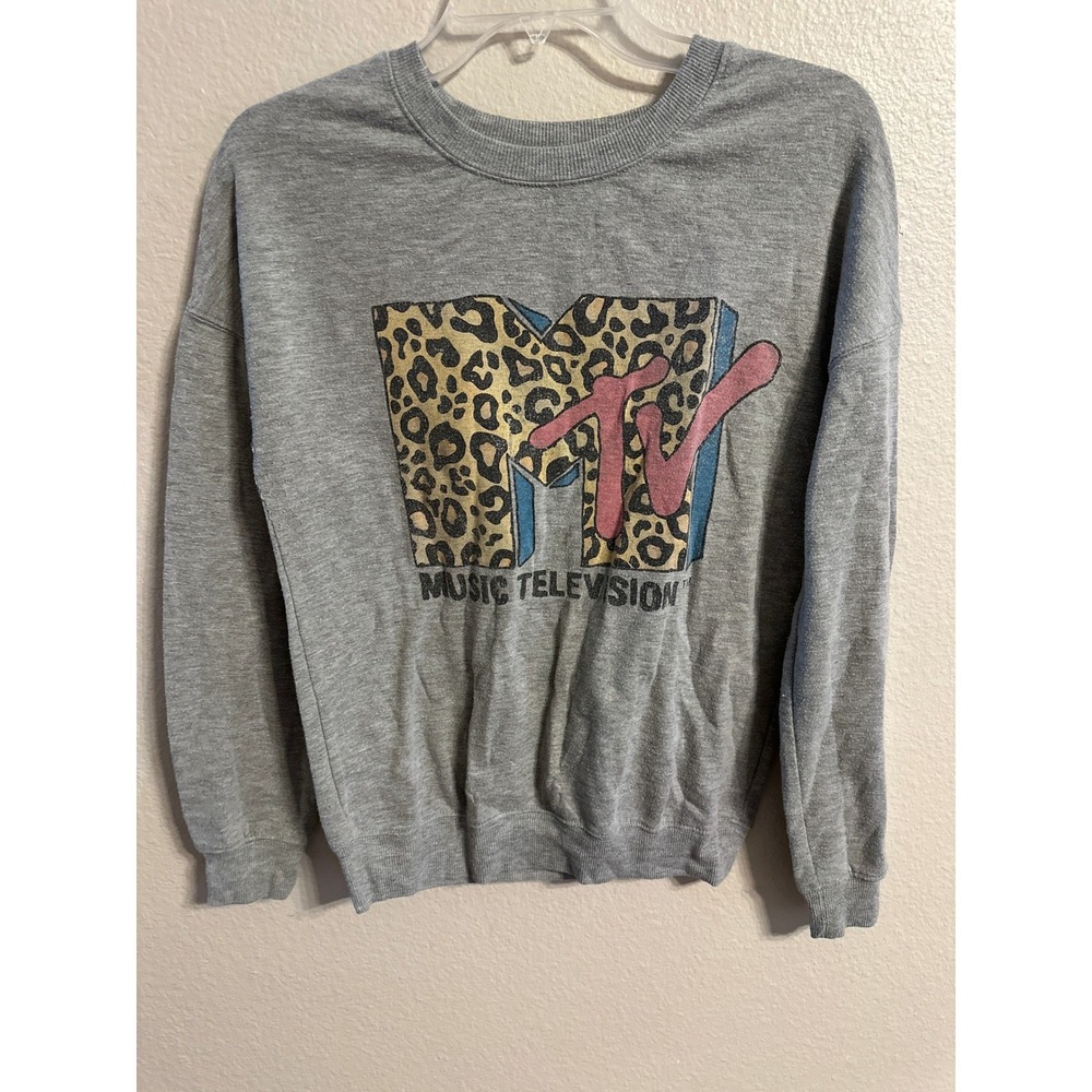 MTV Music Television Gray Leopard Print Graphic Sweatshirt XS